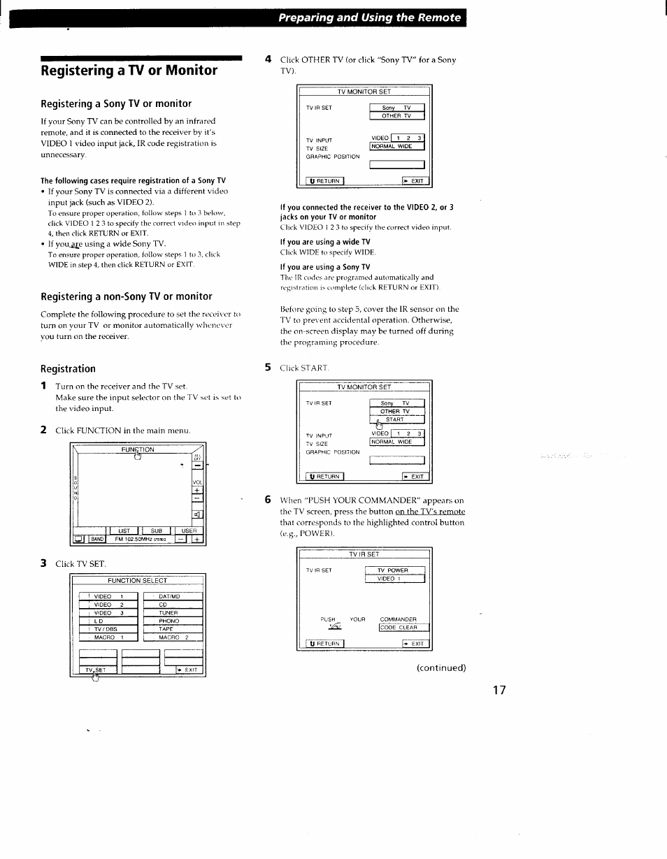 Registering a tv or monitor, Preparing and using the remote, Registering a tv or m onitor | Registering a sony tv or monitor, Registering a non-sony tv or monitor, Registration | Sony STR-DE905G User Manual | Page 17 / 51