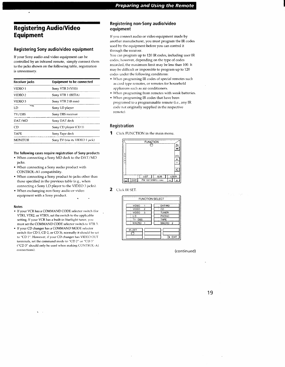 Registering audio/video equipment, Registering sony audio/video equipment, Registering non-sony audio/video equipment | Registration, Preparing and using the remote | Sony STR-DE905G User Manual | Page 19 / 51