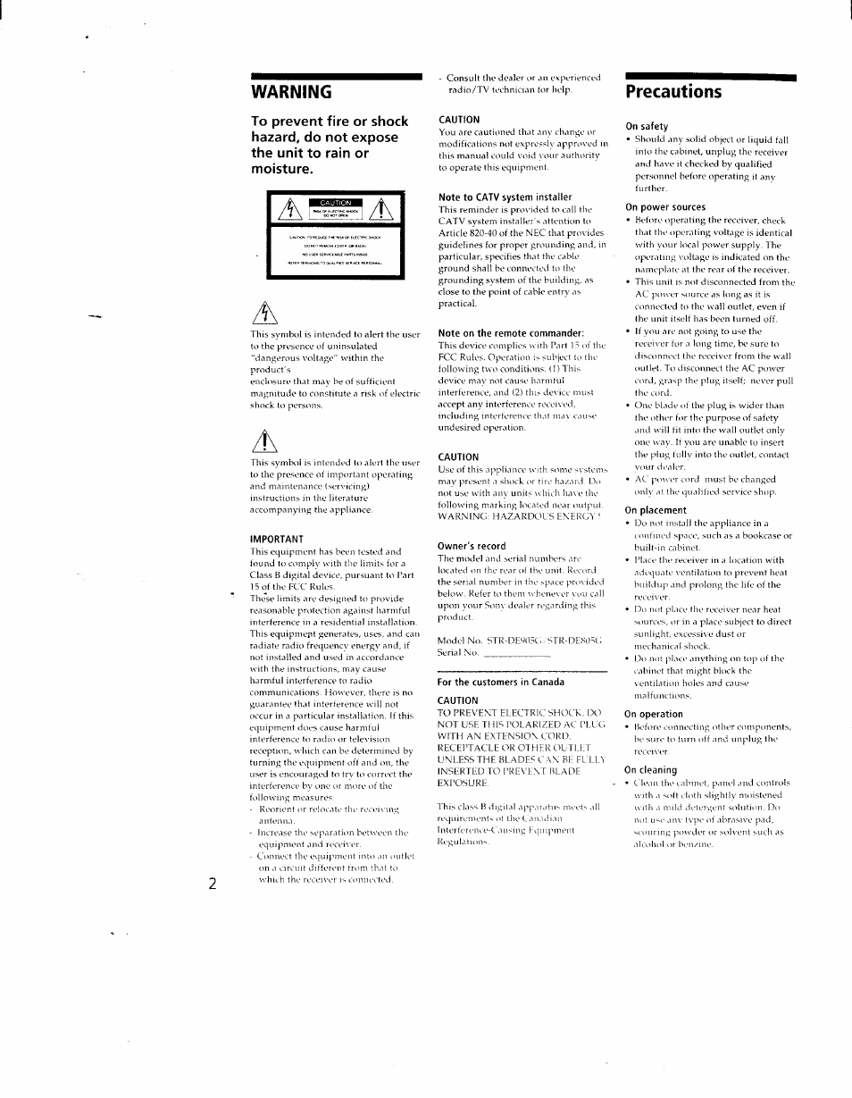 Warning, Precautions, W arning | Sony STR-DE905G User Manual | Page 2 / 51