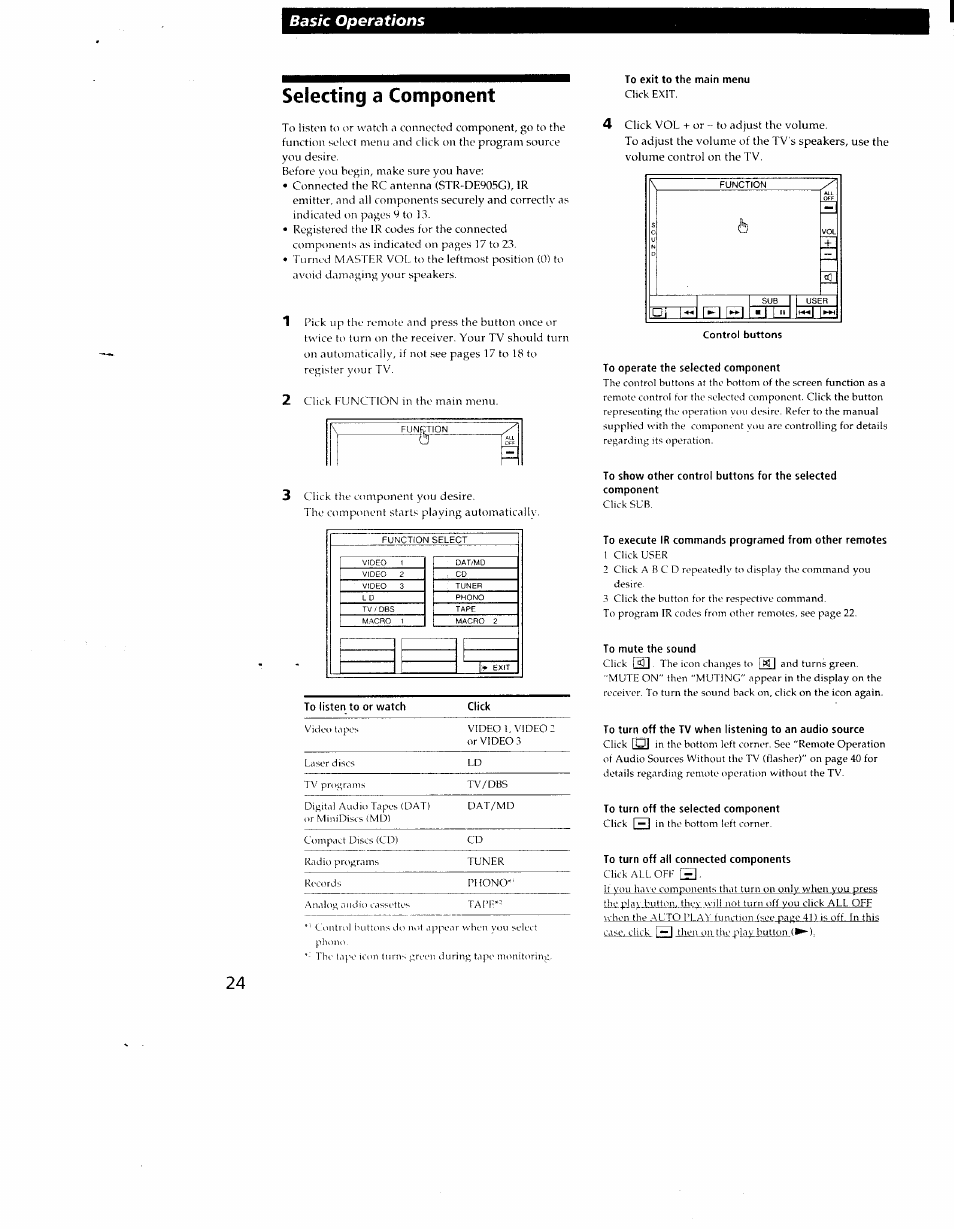 Selecting a component, Basic operations, Selecting a com ponent | Sony STR-DE905G User Manual | Page 24 / 51