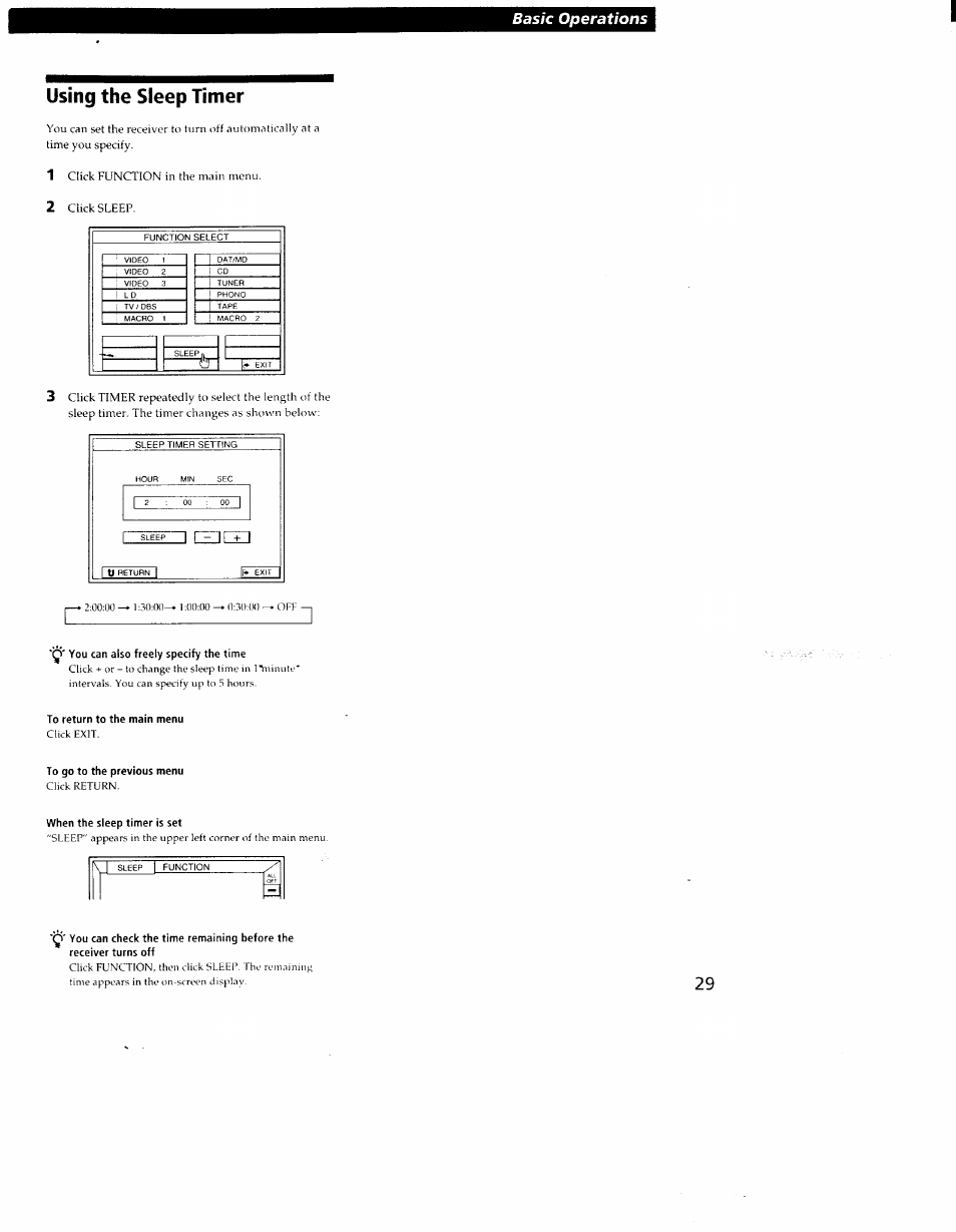Using the sleep timer, Basic operations | Sony STR-DE905G User Manual | Page 29 / 51