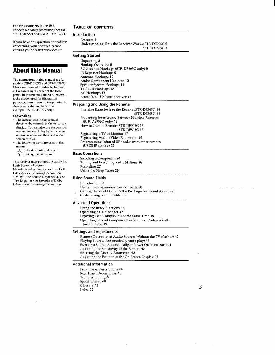 About this m anual | Sony STR-DE905G User Manual | Page 3 / 51