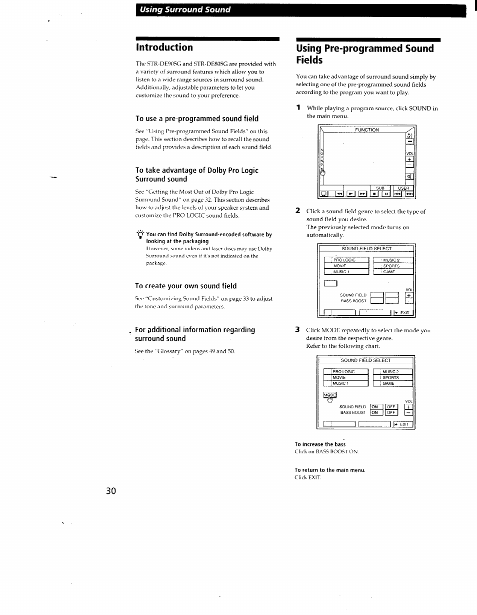 Introduction, Using pre-programmed sound fields, Using surround sound | Using pre-programm ed sound fields | Sony STR-DE905G User Manual | Page 30 / 51