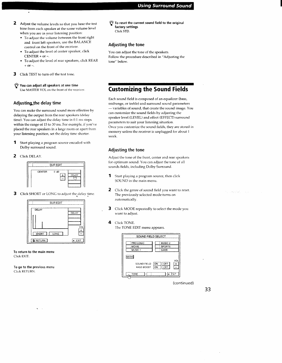 Adjusting the tone, Customizing the sound fields, Adjusting^the delay time | Using surround sound, Custom izing the sound fields | Sony STR-DE905G User Manual | Page 33 / 51