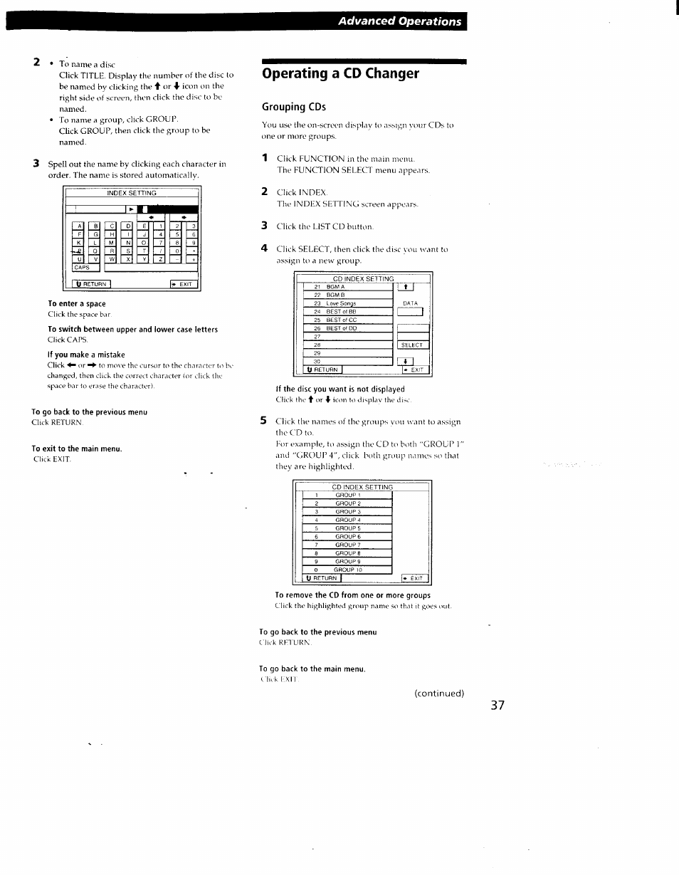 Operating a cd changer, Advanced operations, Grouping cds | Sony STR-DE905G User Manual | Page 37 / 51