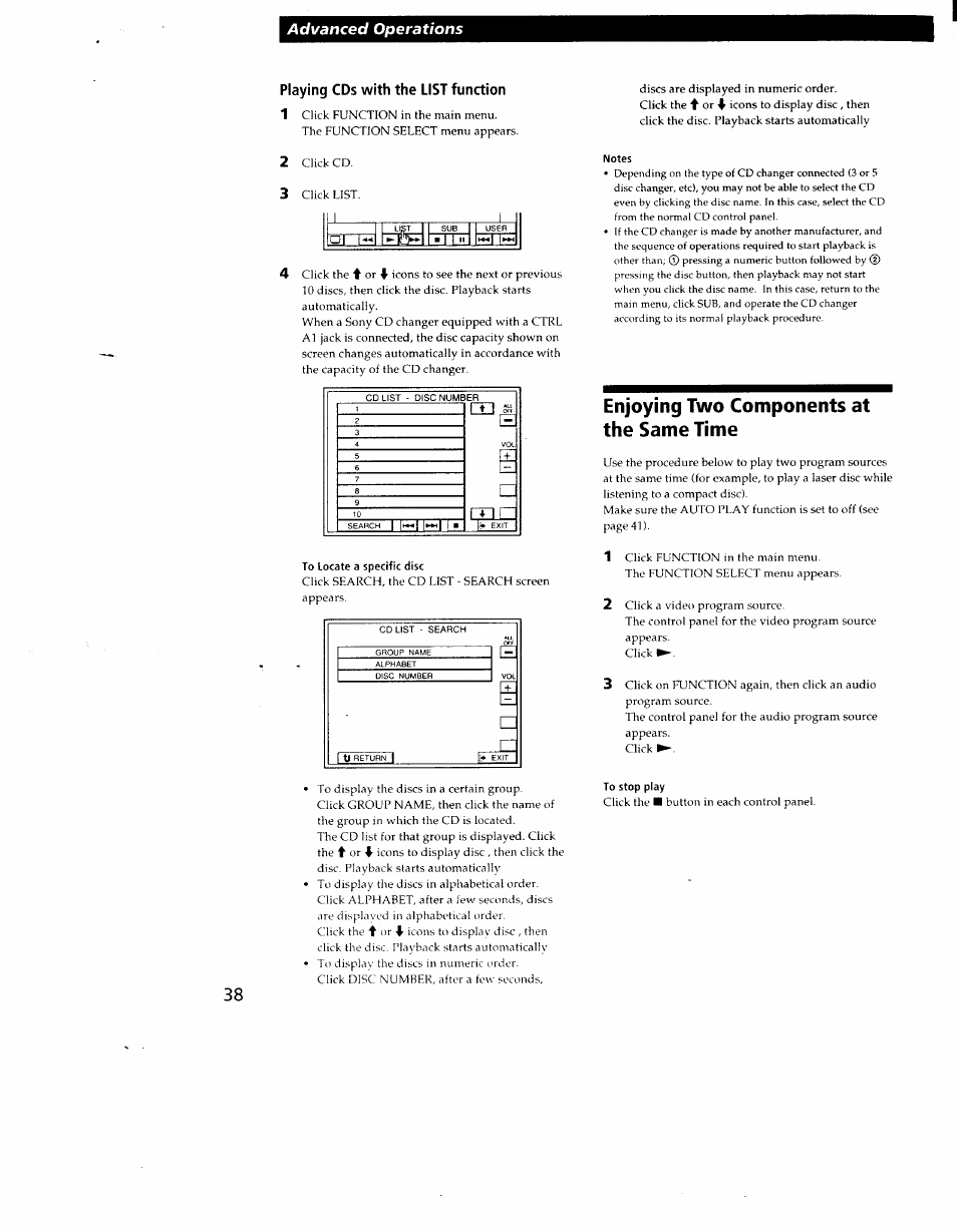 Playing cds with the list function, Enjoying two components at the same time, Advanced operations | Enjoying two com ponents at the sam e tim e | Sony STR-DE905G User Manual | Page 38 / 51