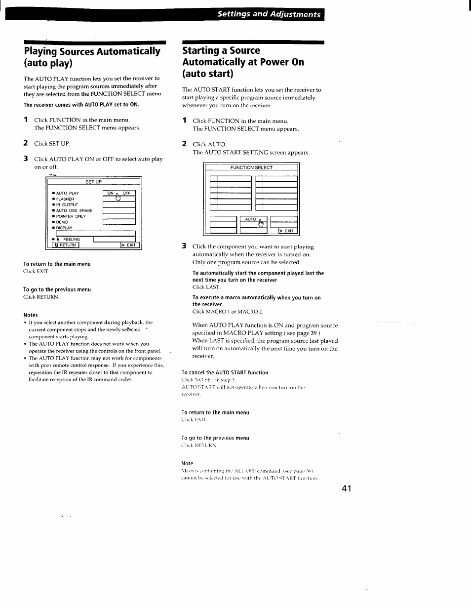 Playing sources automatically (auto play), Settings and adjustments, Playing sources autom atically (auto play) | Sony STR-DE905G User Manual | Page 41 / 51