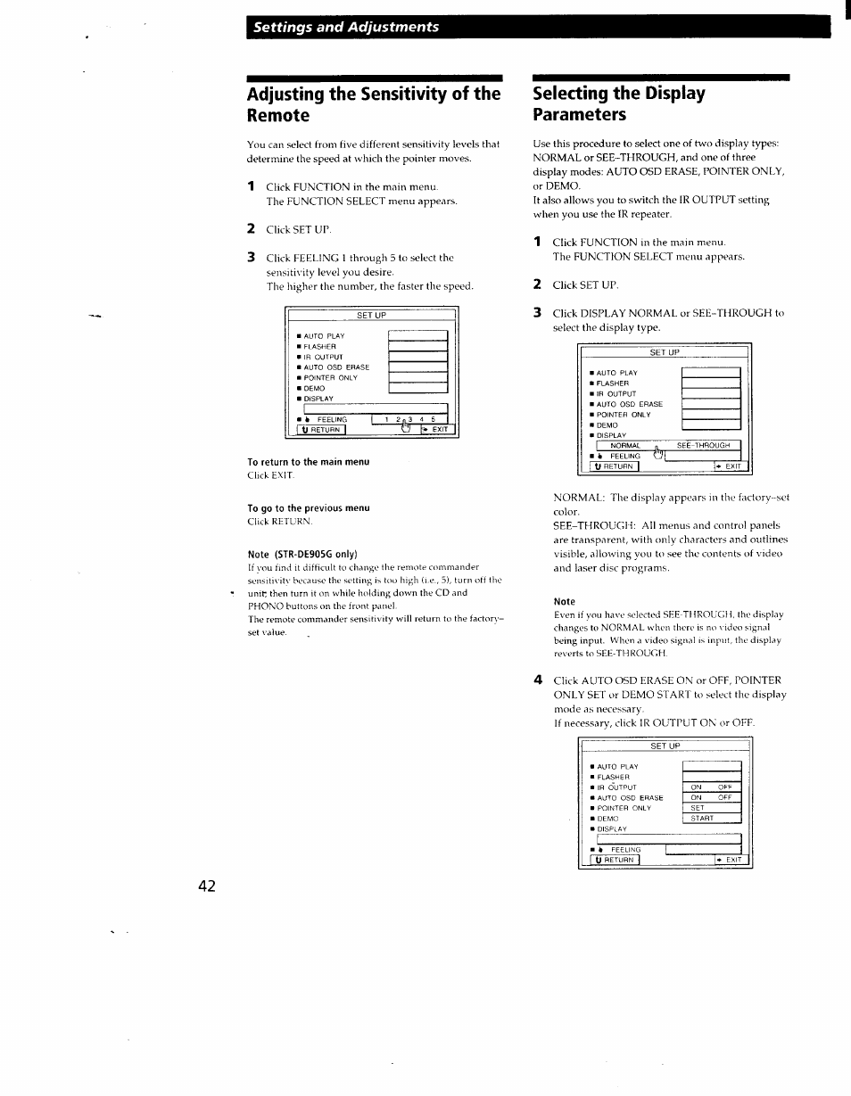 Adjusting the sensitivity of the remote, Settings and adjustments | Sony STR-DE905G User Manual | Page 42 / 51