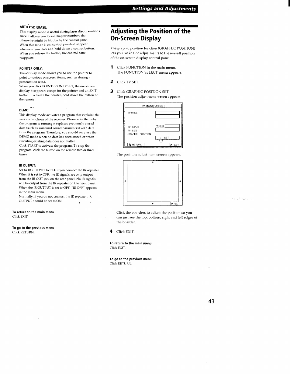 Adjusting the position of the on-screen display, Settings and adjustments | Sony STR-DE905G User Manual | Page 43 / 51