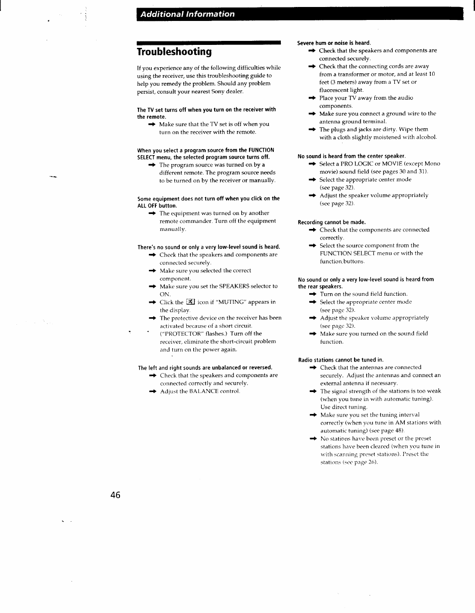 Troubleshooting, Additional information | Sony STR-DE905G User Manual | Page 46 / 51