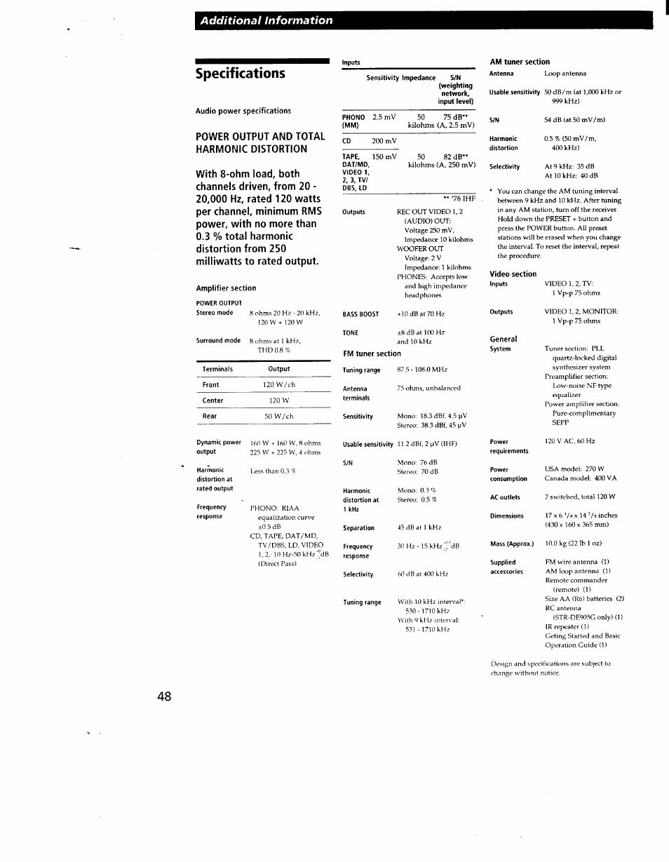 Specifications, Additional information | Sony STR-DE905G User Manual | Page 48 / 51