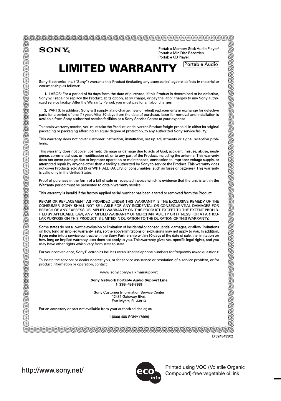 This warranty is valid only in the united states | Sony MZ-NF610 User Manual | Page 124 / 124