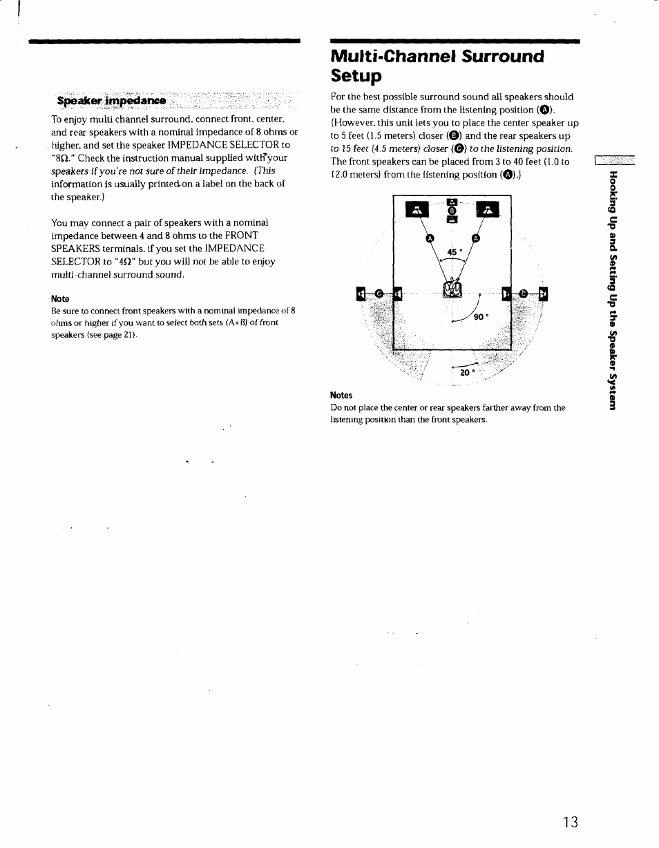 Speaker impedance, Note, Multi-channel surround setup | Sony STR-DE725 User Manual | Page 12 / 47