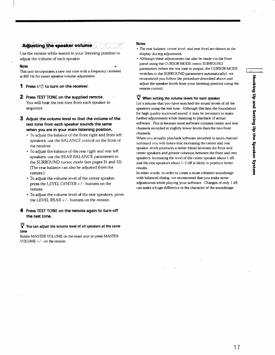 Ac^usting the speaker volume, Note, 1 press l/c!) to turn on the receiver | 2 press test tone on the supplied remote, Notes, Q when setting the volume levels for each speaker | Sony STR-DE725 User Manual | Page 16 / 47