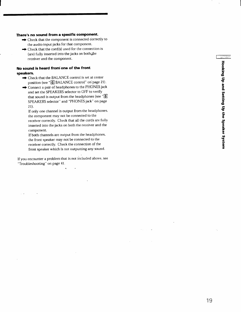 There's no sound from a specific component, No sound is heard from' one of the front speakers | Sony STR-DE725 User Manual | Page 18 / 47