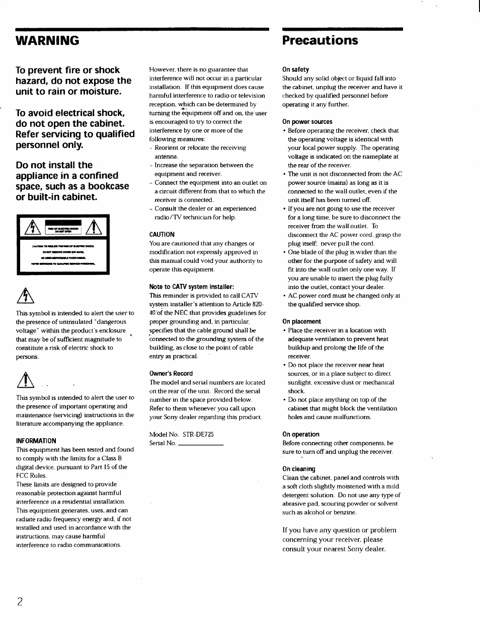 Precautions, Information, Caution | Note to catv system installer, Owner's record, On safety, On power sources, On placement, On operation, On cleaning | Sony STR-DE725 User Manual | Page 2 / 47