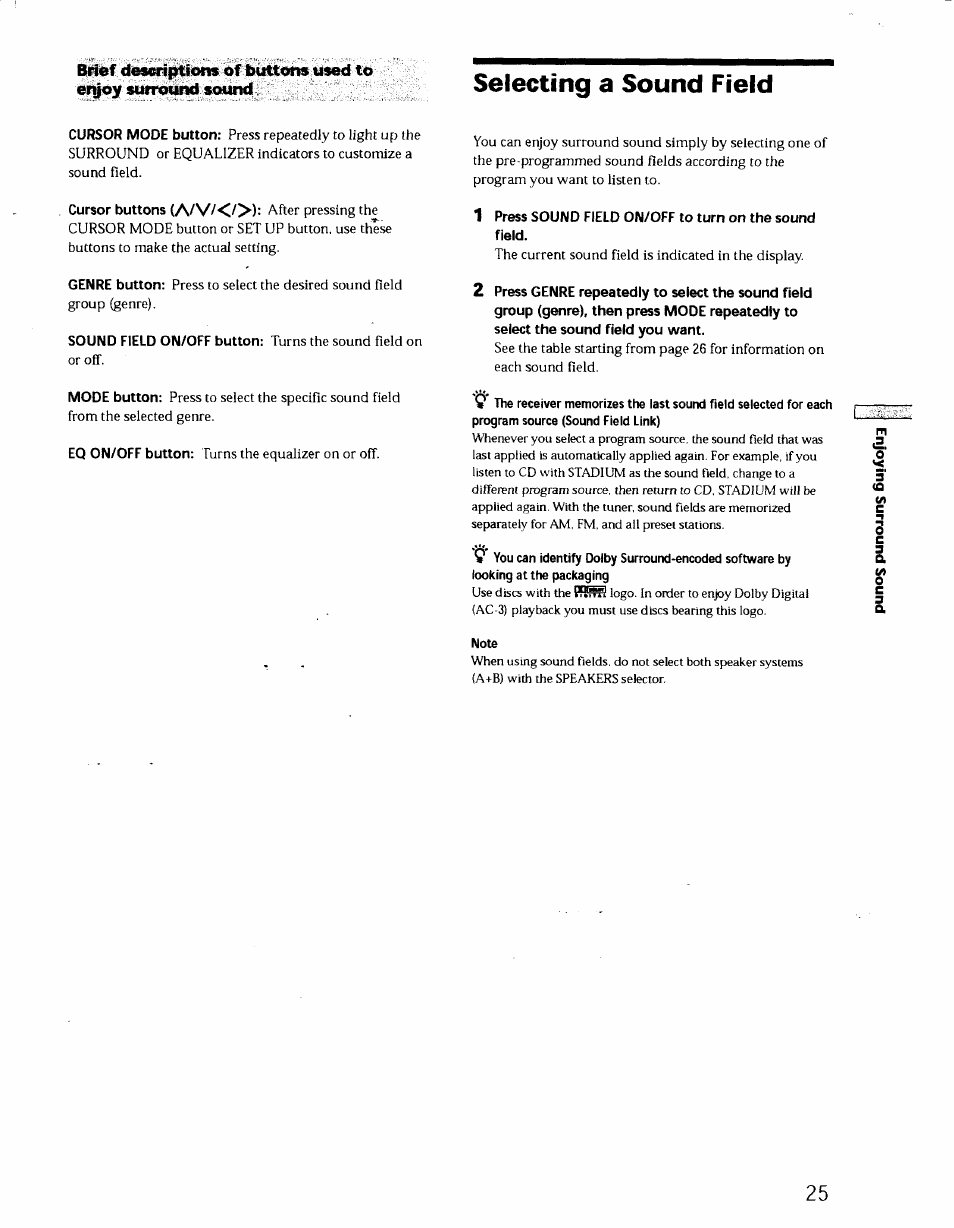 Selecting a sound field, Note | Sony STR-DE725 User Manual | Page 24 / 47