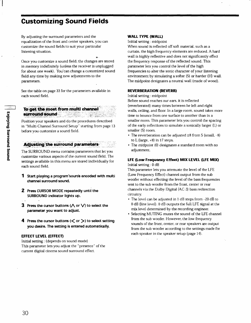 Customizing sound fields, Wall type (wall), To get the most from multf channel surround sound | Adjusting the surround parameters, Effect level (effect), Reverberation (reverb), Lfe (low frequency effect) mix level (lfe mix) | Sony STR-DE725 User Manual | Page 29 / 47