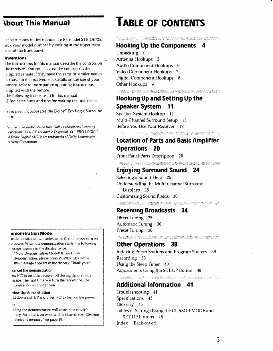 Inventions, Hooking up the components 4, Hooking up and setting up the speaker system 11 | Enjoying surround sound 24, Emonstration mode, Cancel the demonstration, View the demonstration, Receiving broadcasts 34, Other operations 38, Additional information 41 | Sony STR-DE725 User Manual | Page 3 / 47