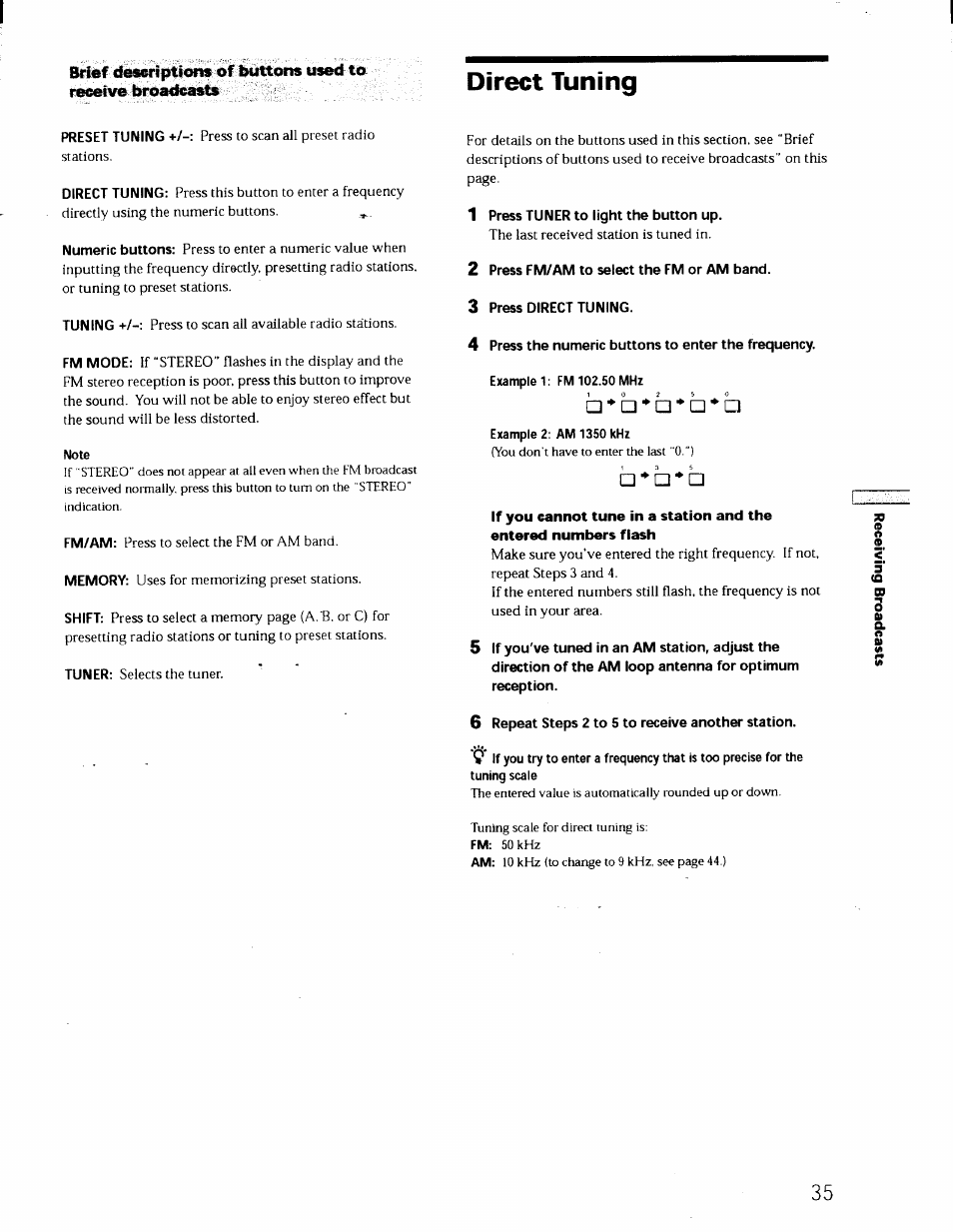 Note, 1 press tuner to light the button up, 2 press fm/am to select the fm or am band | 3 press direct tuning, Example 2: am 1350 khz, 6 repeat steps 2 to 5 to receive another station, Direct tuning | Sony STR-DE725 User Manual | Page 34 / 47