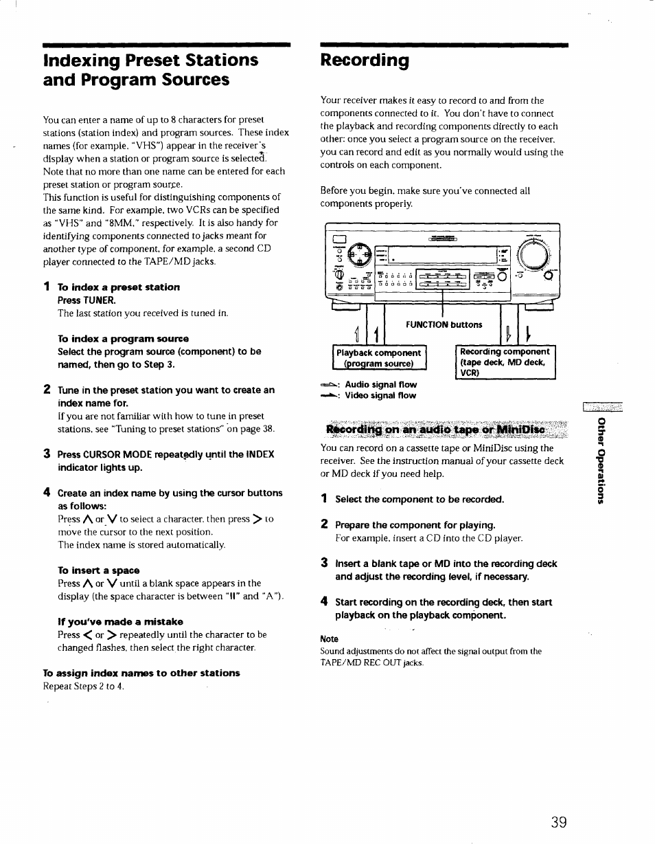 Indexing preset stations and program sources, Recording, Hlniorctir^ pn an audio tape or iminioise | Sony STR-DE725 User Manual | Page 38 / 47