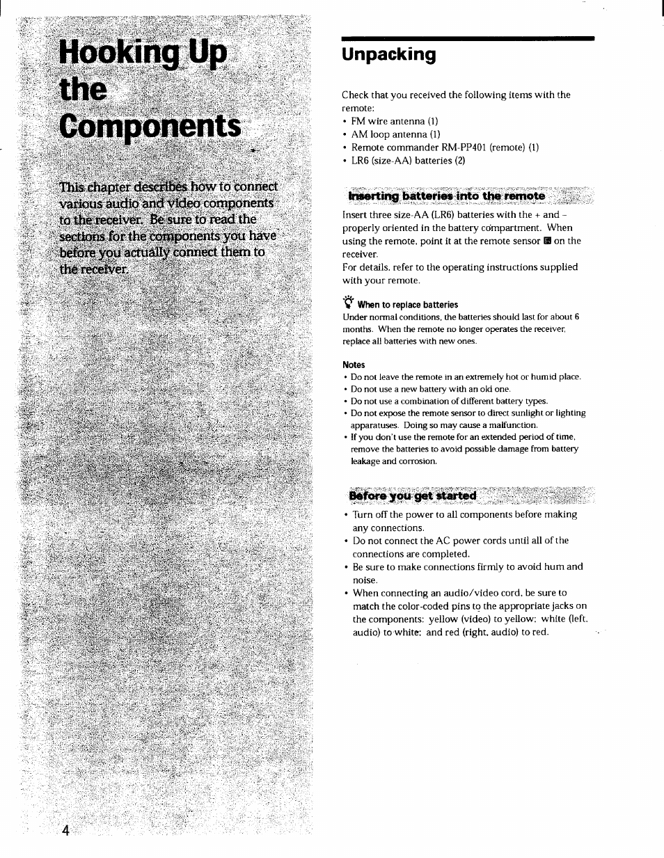 Unpacking, Fcnsertirtg batteries into the remote, Notes | Bb^ore you get started | Sony STR-DE725 User Manual | Page 4 / 47