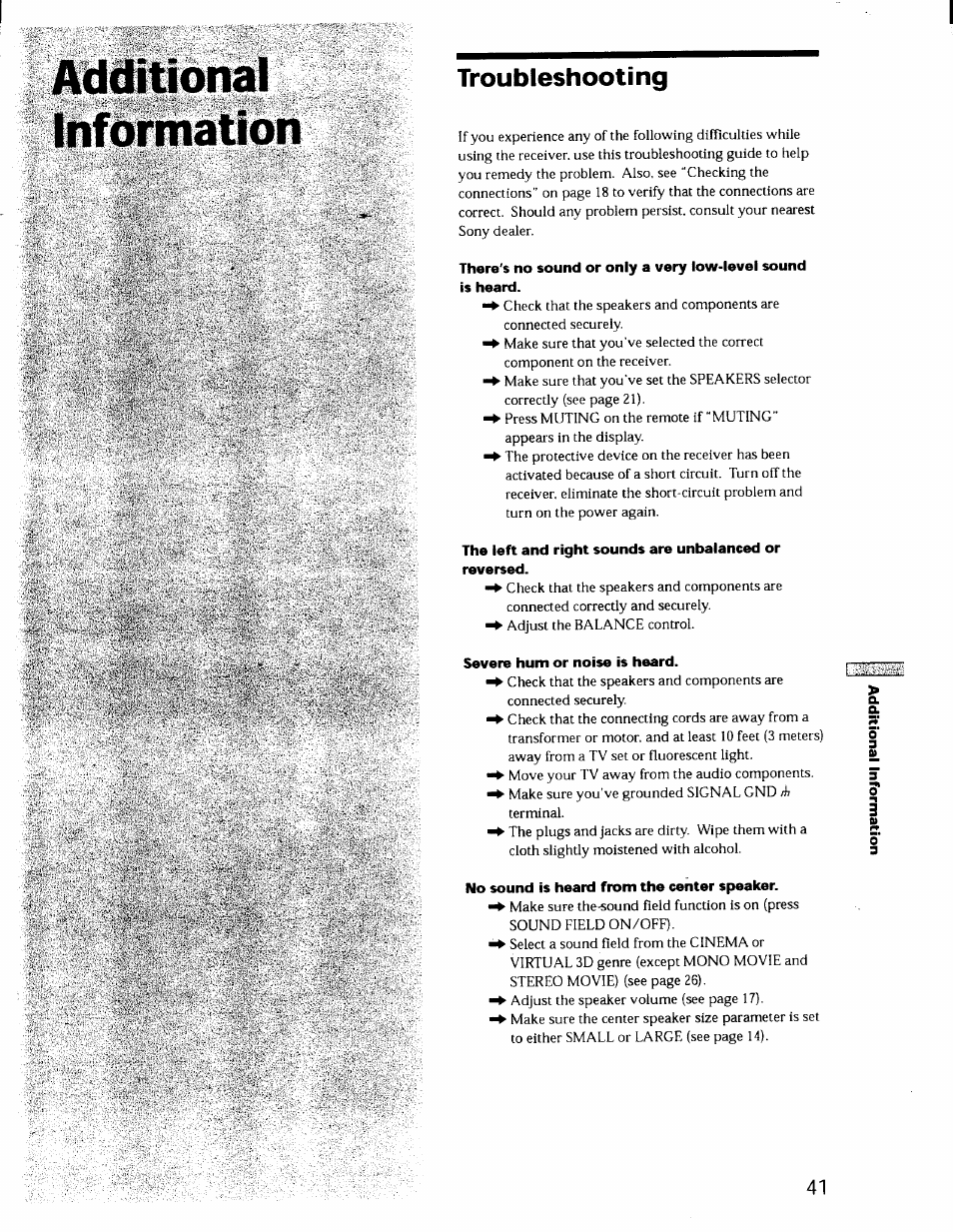 Additional, Information, Troubleshooting | Severe hum or noise is heard, No sound is heard from the center speaker, Additional information, Slisaiaii, Iilil | Sony STR-DE725 User Manual | Page 40 / 47