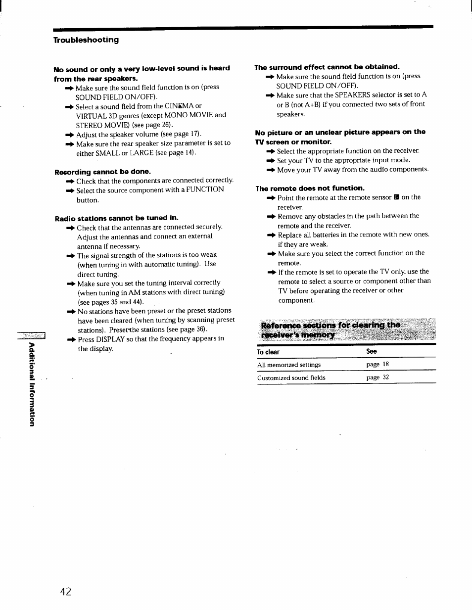 Recording cannot be done, Radio stations cannot be tuned in, The surround effect cannot be obtained | The remote does not function, Troubleshooting | Sony STR-DE725 User Manual | Page 41 / 47