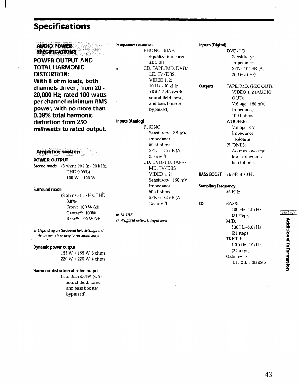 Specifications, Audio power specifications, Amplifier section | Power output, Surround mode, Dynamic power output, Harmonic distortion at rated output, Frequency response, Inputs (analog), Inputs (digital) | Sony STR-DE725 User Manual | Page 42 / 47