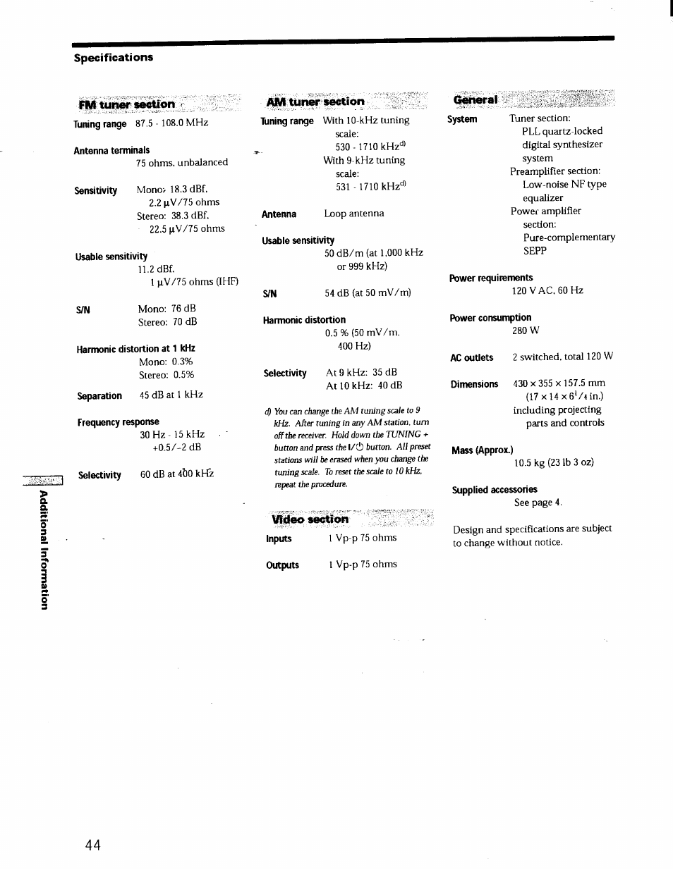 Specifications, Fm tuner section, Antenna terminals | Usable sensitivity, Harmonic distortion at 1 khz, Frequency response, Дна tuner section, Tuning range, Harmonic distortion, Selectivity | Sony STR-DE725 User Manual | Page 43 / 47