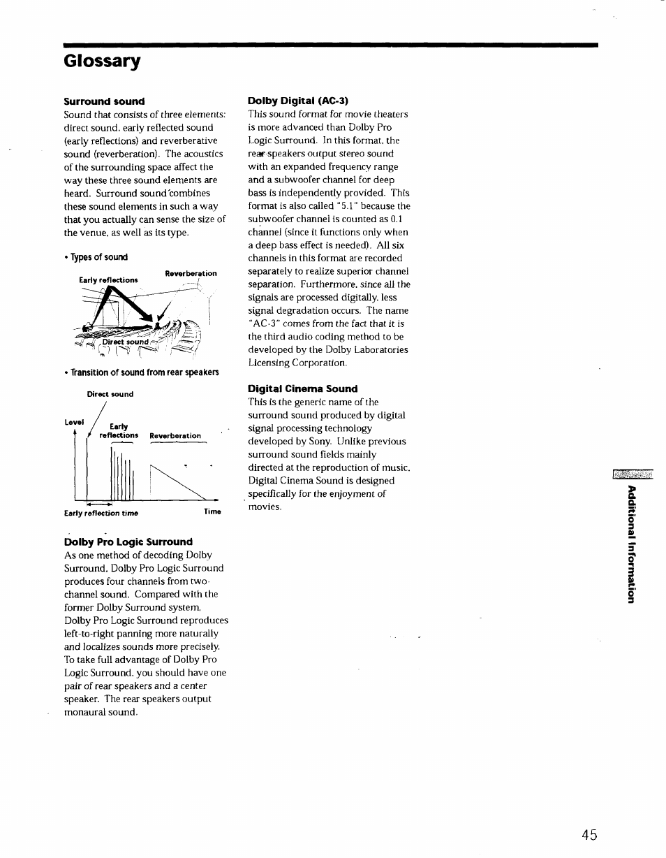 Glossary, Surround sound, Dolby pro logic surround | Dolby digital (ac-3), Digital cinema sound | Sony STR-DE725 User Manual | Page 44 / 47