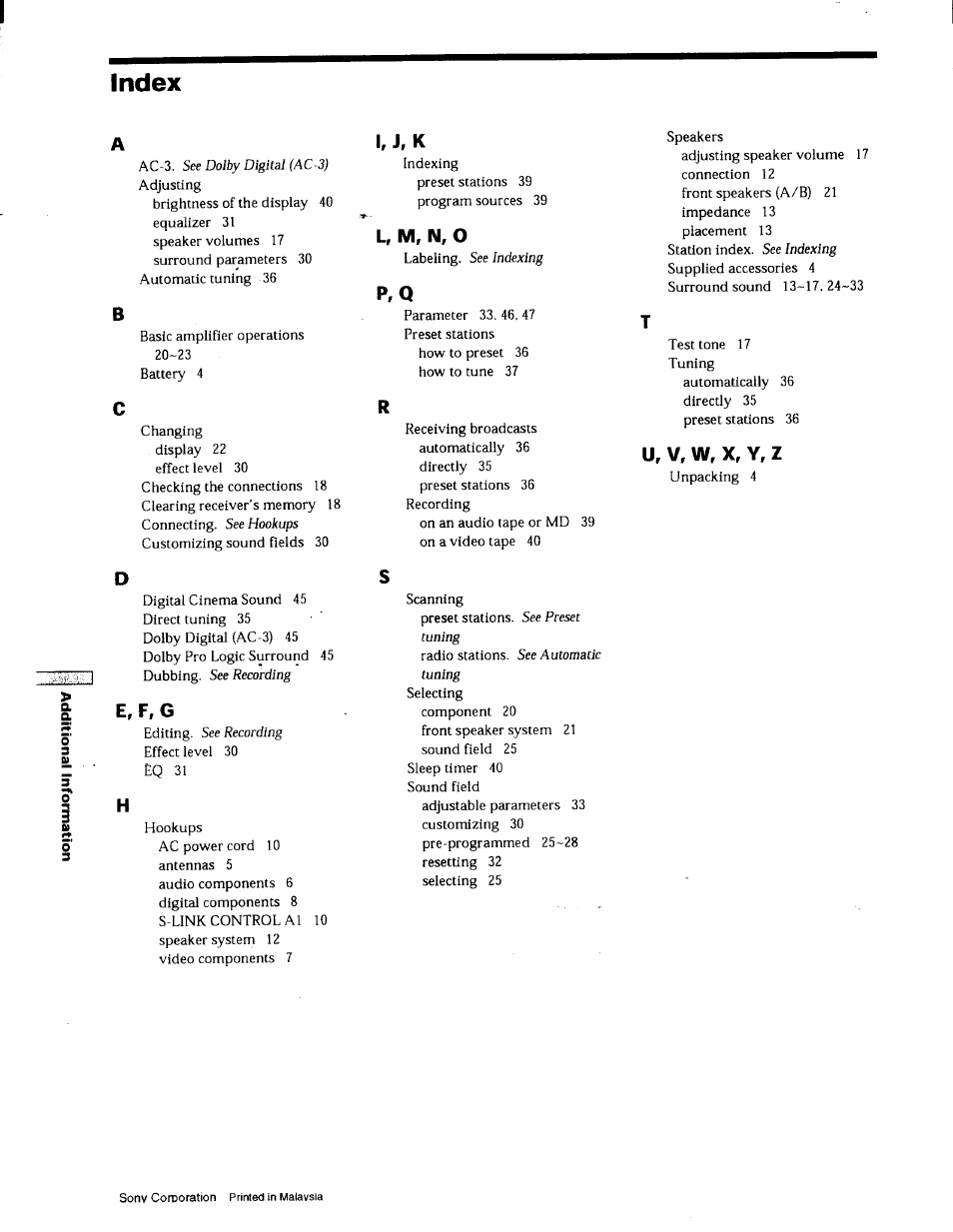 Index, I, j, k, L, m, n, o | P , q, U, v, w, x, y, z, E, f,g | Sony STR-DE725 User Manual | Page 46 / 47