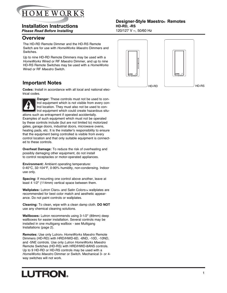 Lutron HD-RS User Manual | 8 pages