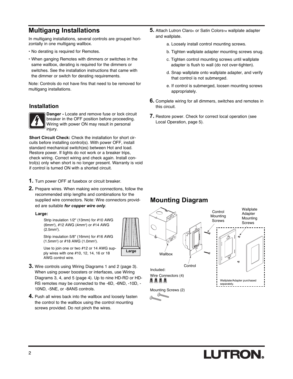 Multigang installations, Mounting diagram, Installation | Lutron HD-RS User Manual | Page 2 / 8