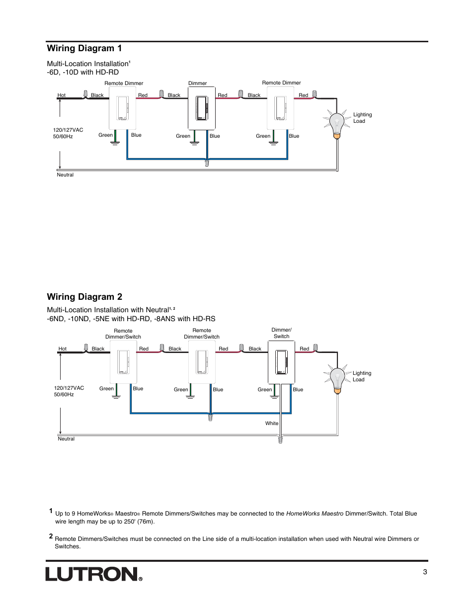 Wiring diagram 2, Wiring diagram 1 | Lutron HD-RS User Manual | Page 3 / 8