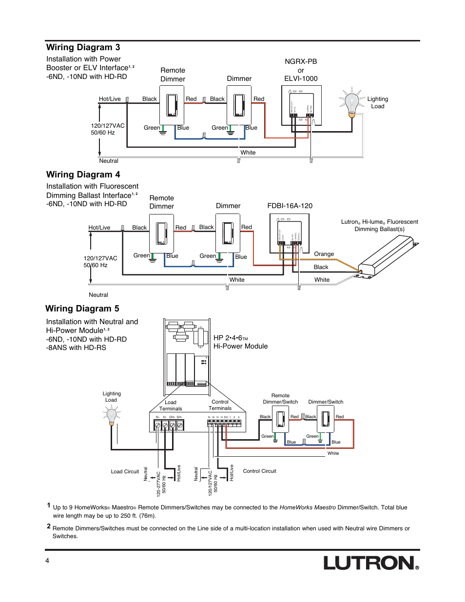 Wiring diagram 3, Wiring diagram 4, Wiring diagram 5 | Installation with power booster or elv interface, Installation with neutral and hi-power module, Dimmer, Ngrx-pb or elvi-1000, 6nd, -10nd with hd-rd, Remote dimmer, Hp 2•4•6 | Lutron HD-RS User Manual | Page 4 / 8