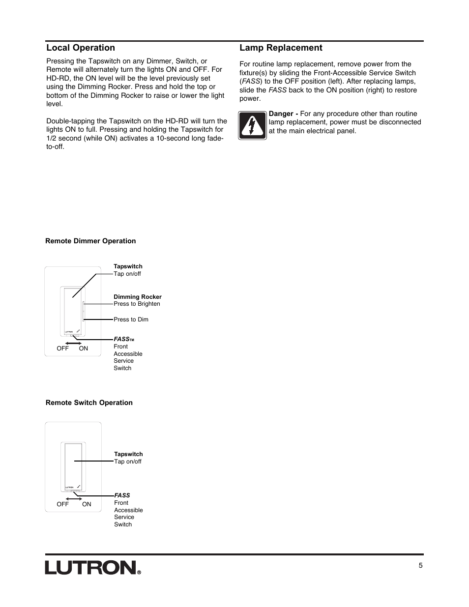 Local operation, Lamp replacement | Lutron HD-RS User Manual | Page 5 / 8