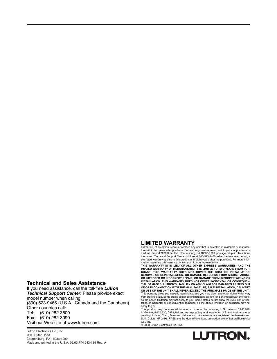 Limited warranty, Technical and sales assistance | Lutron HD-RS User Manual | Page 8 / 8