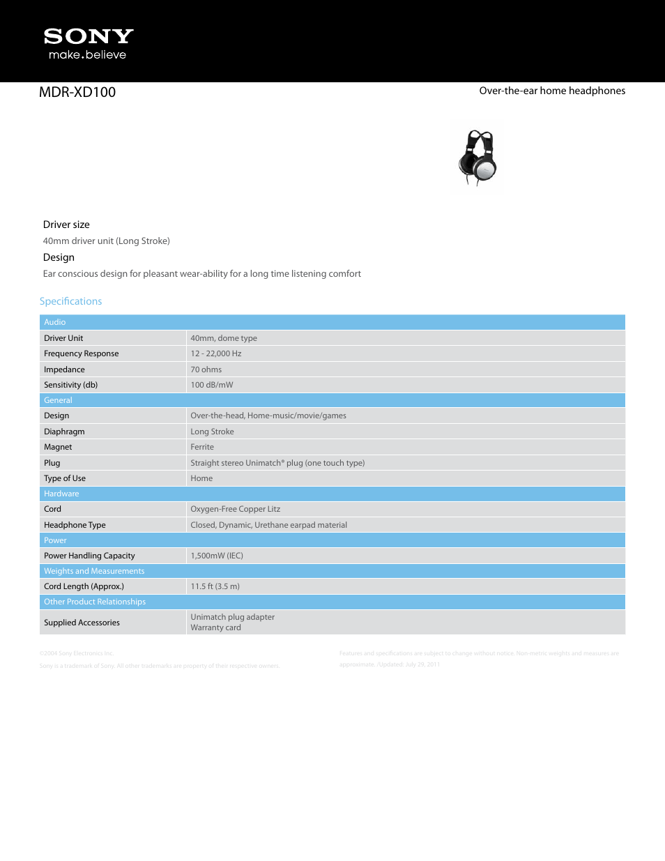 Sony MDR-XD100 User Manual | 1 page