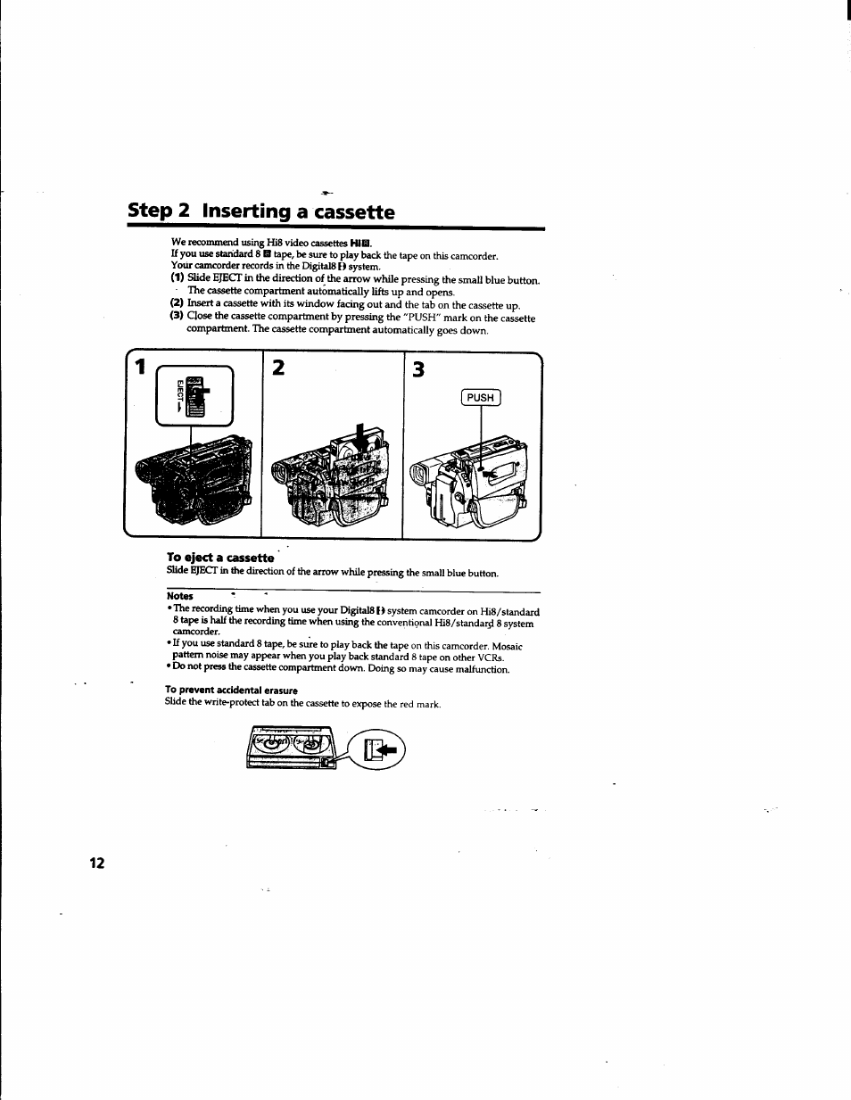 Step 2 inserting a cassette, To eject a cassette, Step | Inserting a cassette | Sony DCR-TR7000 User Manual | Page 12 / 84