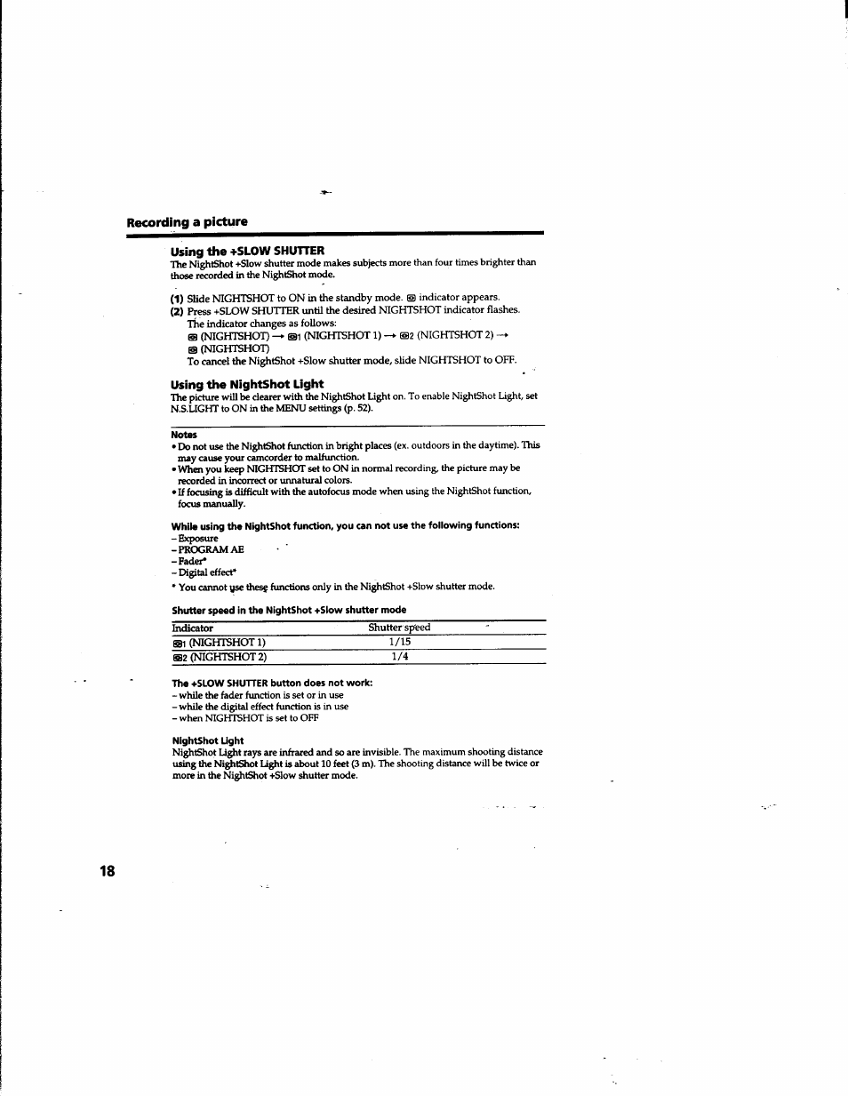 Recording a picture using the +slow shutter, Using the nightshot light | Sony DCR-TR7000 User Manual | Page 18 / 84