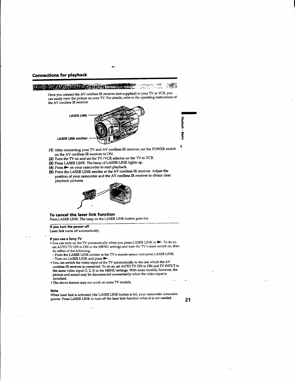 Connections for playback, To cancel the laser link function | Sony DCR-TR7000 User Manual | Page 21 / 84