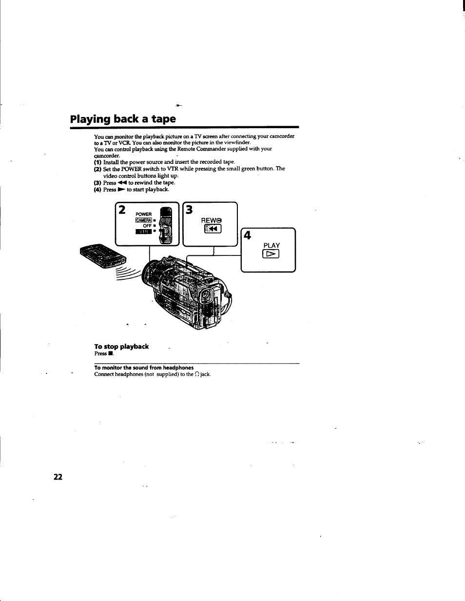 Playing back a tape | Sony DCR-TR7000 User Manual | Page 22 / 84