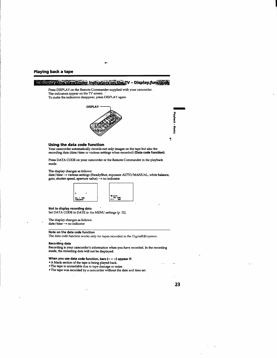 Playing back a tape, Dlsplay, Using the data code function | Sony DCR-TR7000 User Manual | Page 23 / 84