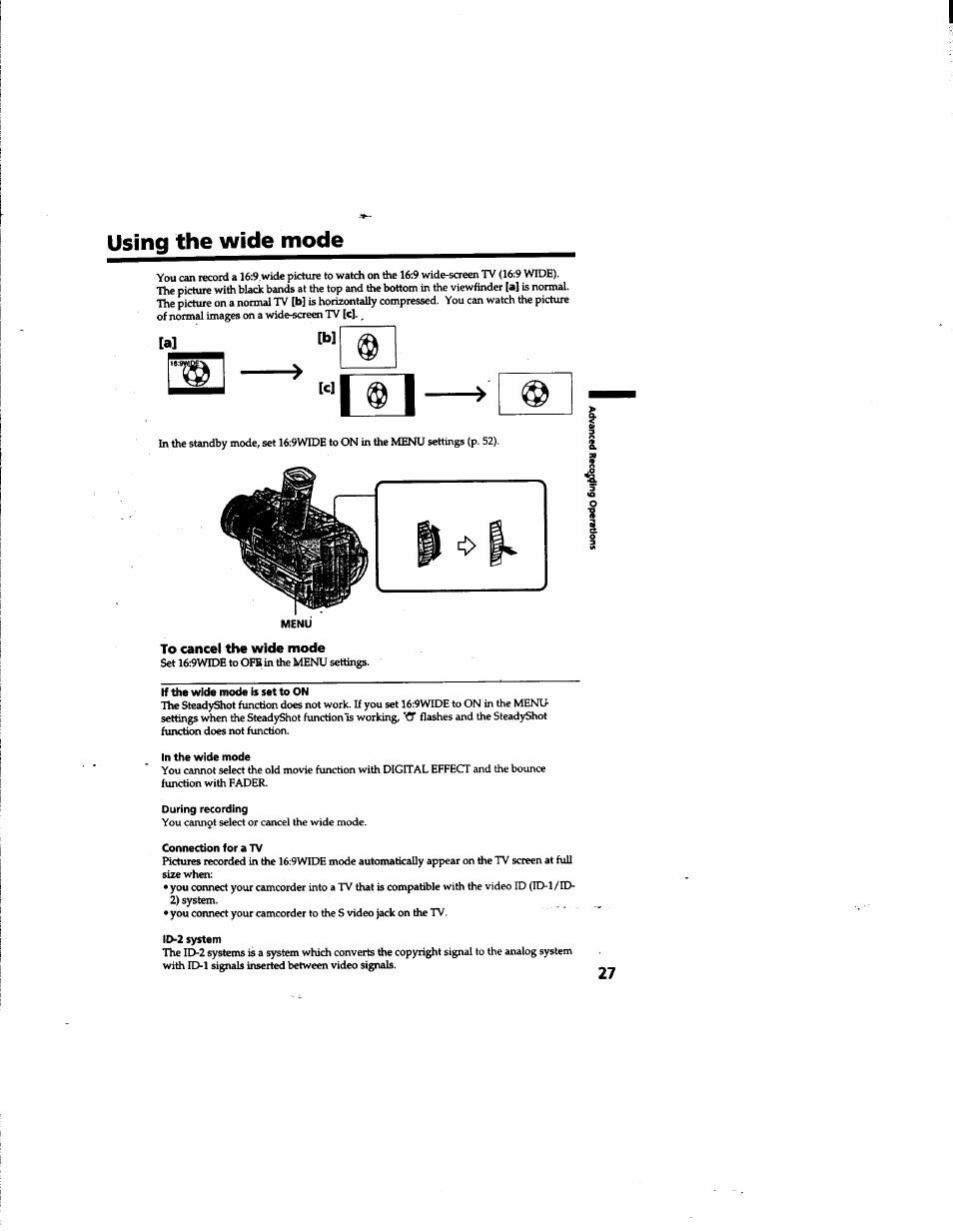Using the wide mode, To cancel the wide mode | Sony DCR-TR7000 User Manual | Page 27 / 84