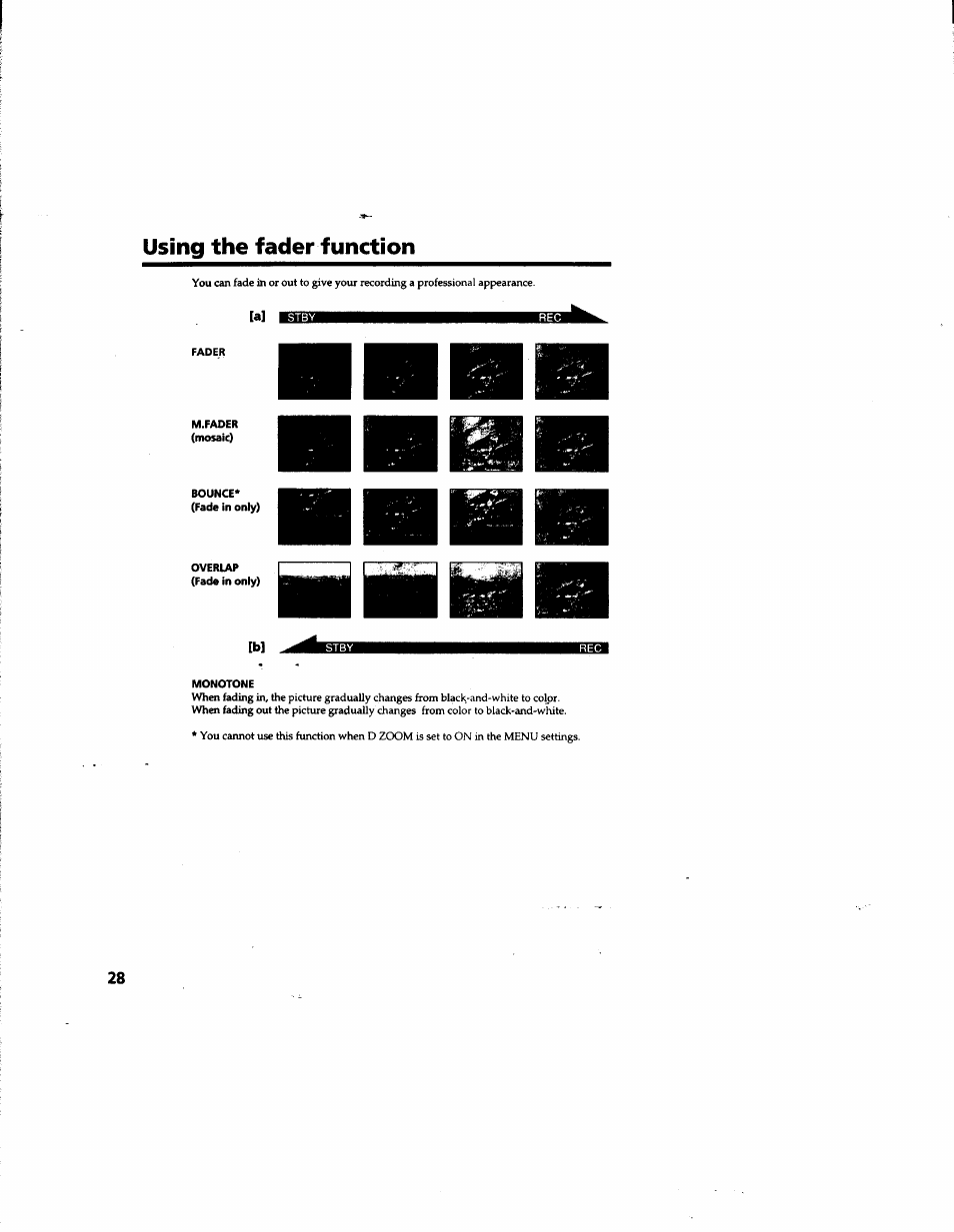 Using the fader function | Sony DCR-TR7000 User Manual | Page 28 / 84