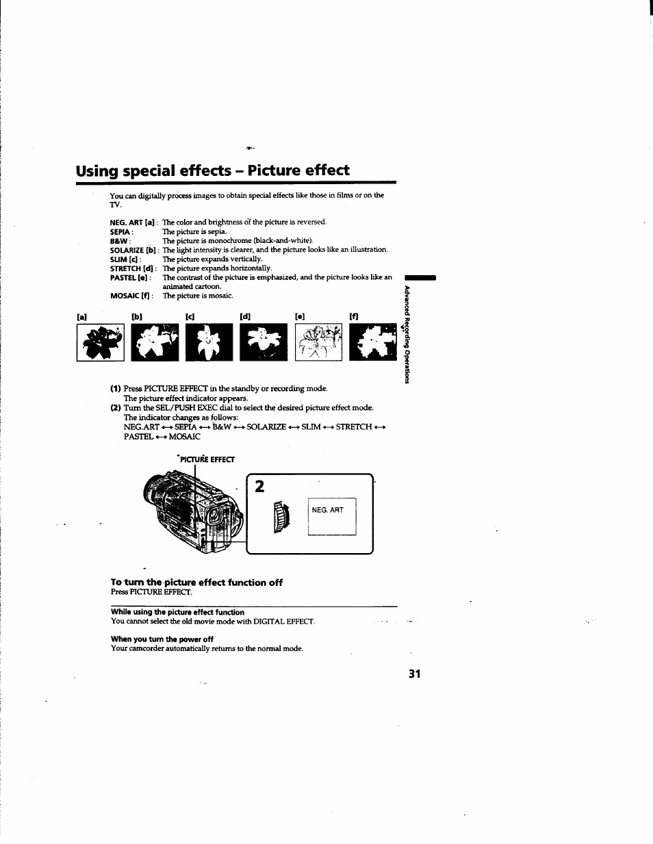 Using special effects - picture effect, To turn the picture effect function off | Sony DCR-TR7000 User Manual | Page 31 / 84