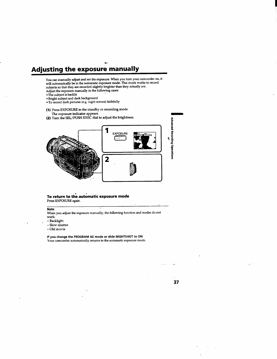 Adjusting the exposure manually, To return to the automatic exposure mode | Sony DCR-TR7000 User Manual | Page 37 / 84