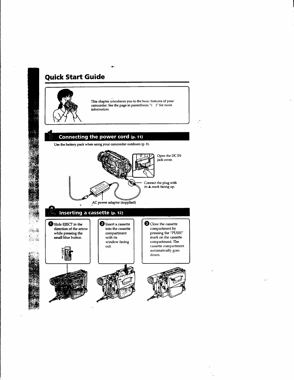 Quick start guide, Connecting the power cord (p. ii), Inserting a cassette (p. 12) | Sony DCR-TR7000 User Manual | Page 4 / 84