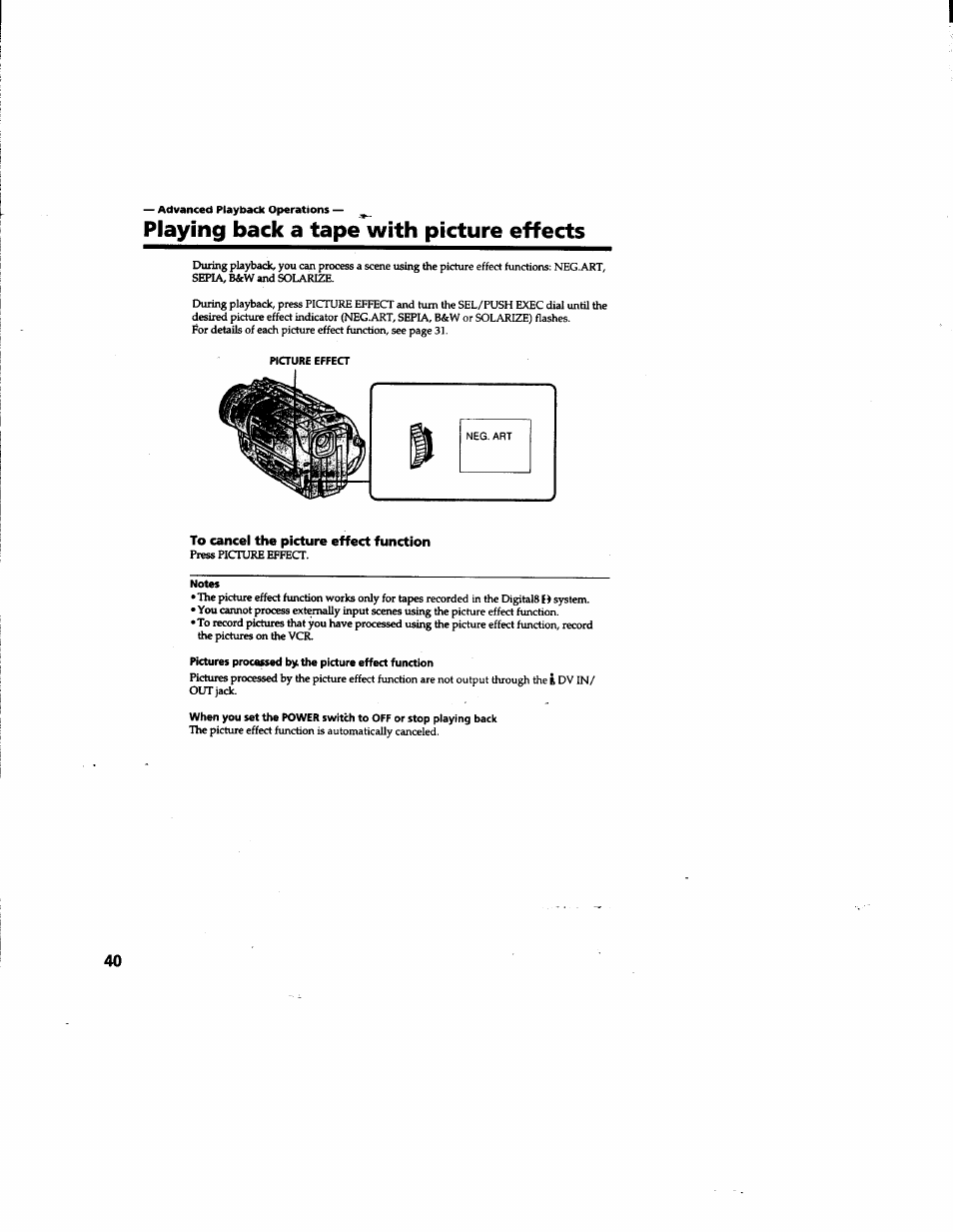 Playing back a tape with picture effects | Sony DCR-TR7000 User Manual | Page 40 / 84